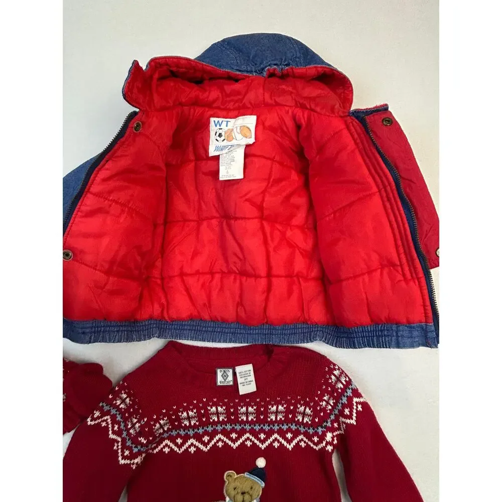 3pc Vtg Toddler Lot NWT 18mth Jacket Denim 2T Sweater Fair Isle Teddy Bear Baby